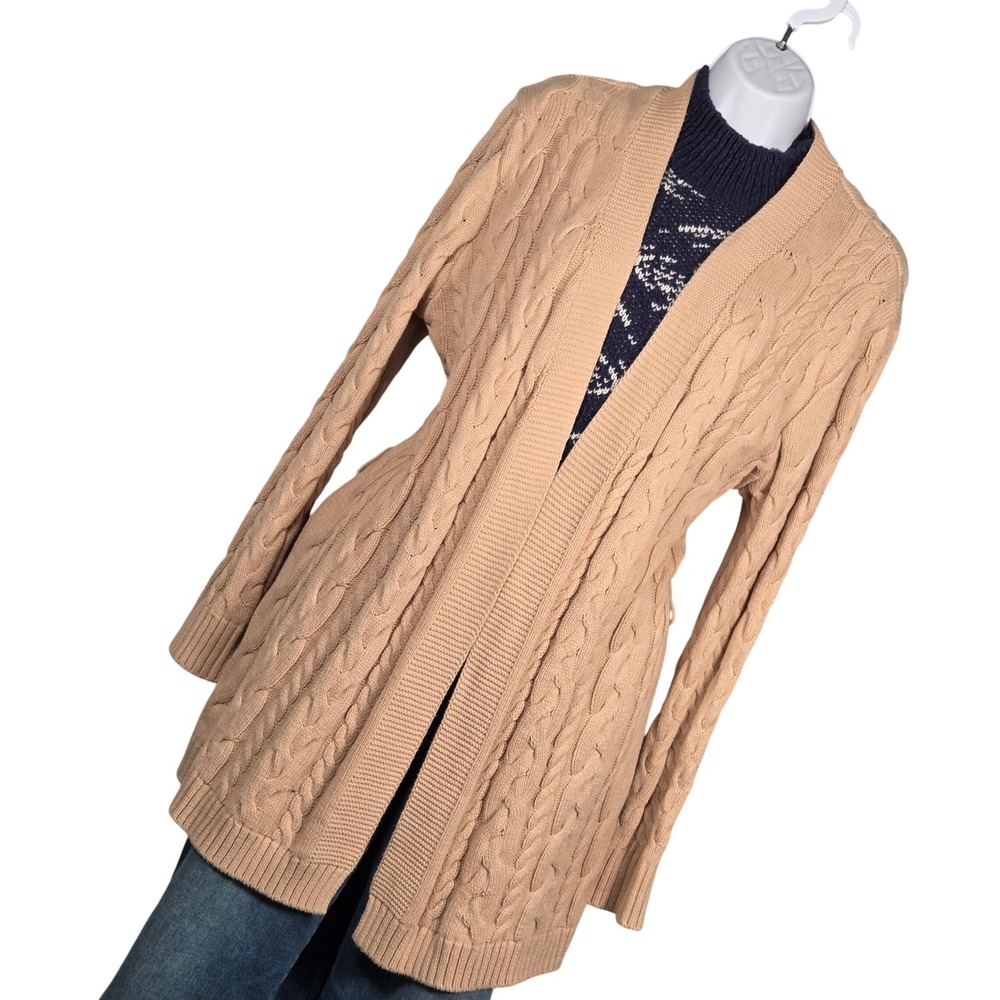 EVEREVE Women Medium Open Front Cable Knit Cardigan Tan Sweater Cotton Blend